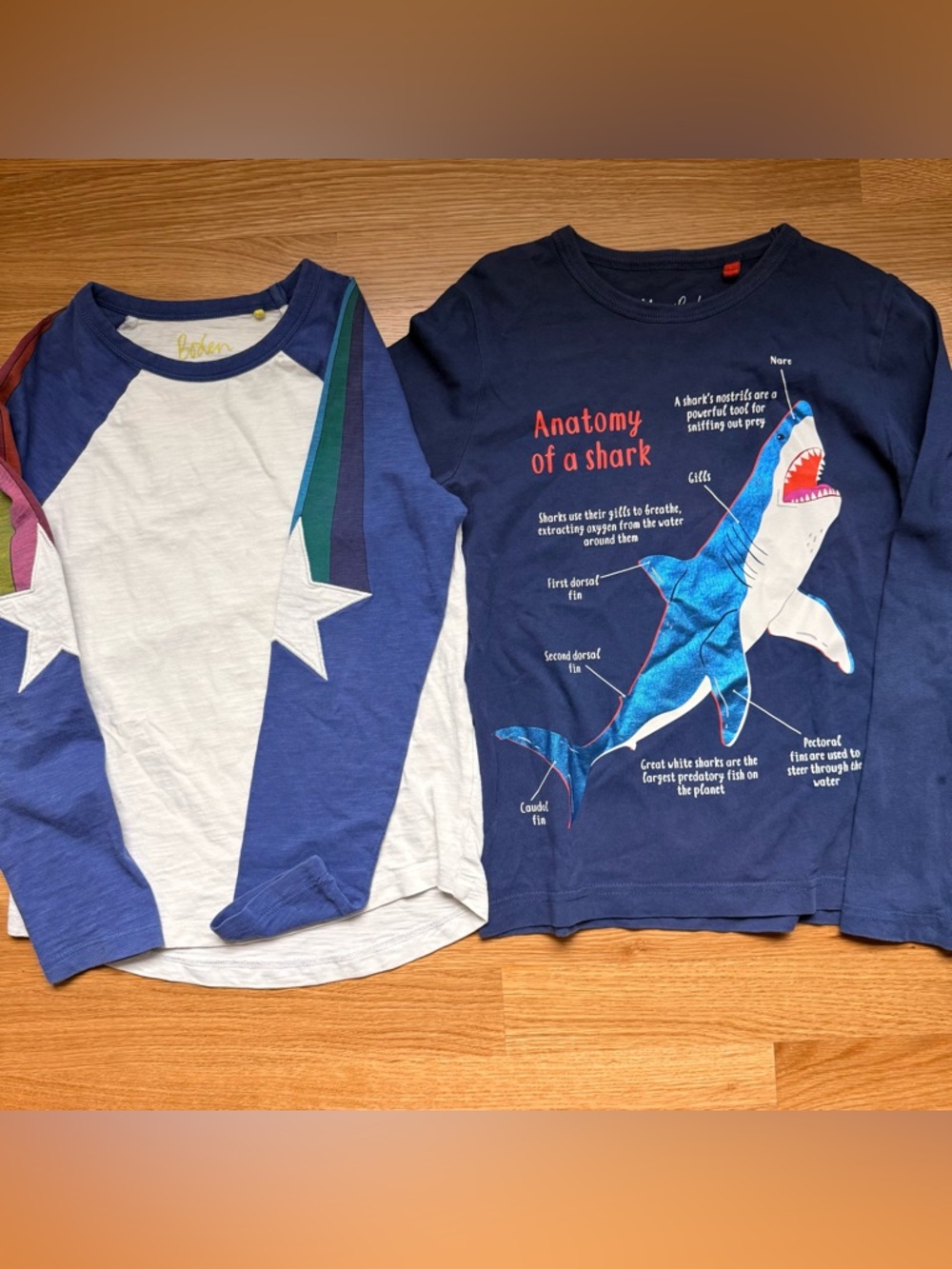 Mini Boden  Navy Shark Graphic Long-Sleeve Tee and stars long sleeved (size 7-8)